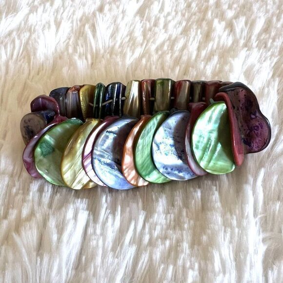 Abalone Shell Chunky Stretch Bracelet Iridescent Shell Mother of Pearl Multicolo - Picture 1 of 11